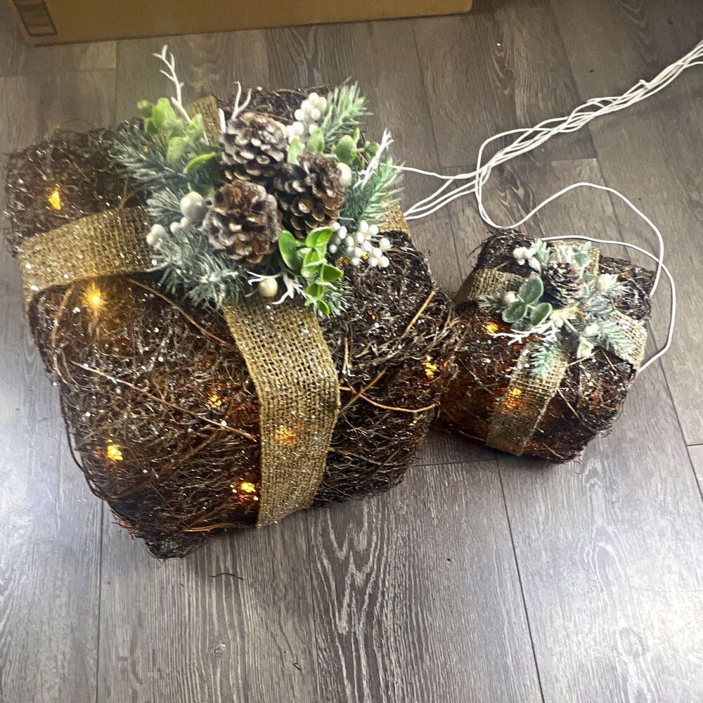Set of 2 Illuminated Rustic Twig Gift Box Christmas Decor, Corded, Freestanding